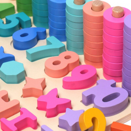Joc din lemn Montessori cu 6 activități - puzzle cifre, litere, forme geometrice, operații matematice și sortare culori. [4]