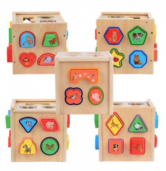 Cub educativ Montessori din lemn 5 în 1 cu activități și sortare forme geometrice [4]