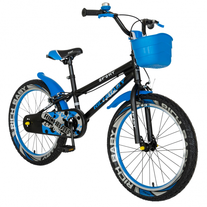 Bicicleta Copii 7-10 ani, Roti 20 Inch, C-Brake,  Rich Baby CSR20/03A, Cadru Negru cu Design Albastru [2]