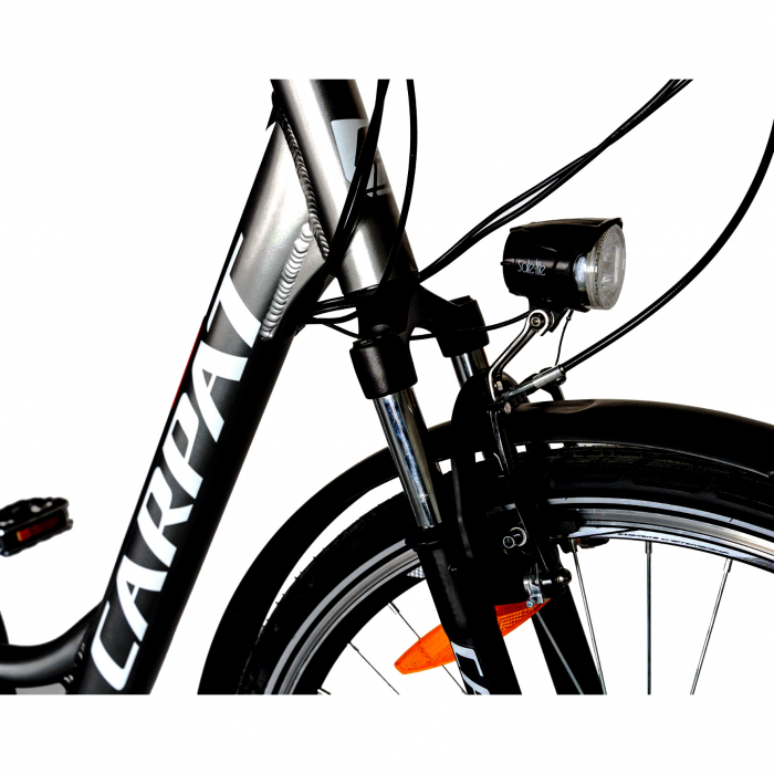 Bicicleta electrica City (E-BIKE) CARPAT C1010E, roata 28", cadru aluminiu, frane V-Brake, transmisie SHIMANO 7 viteze, culoare negru/alb [2]