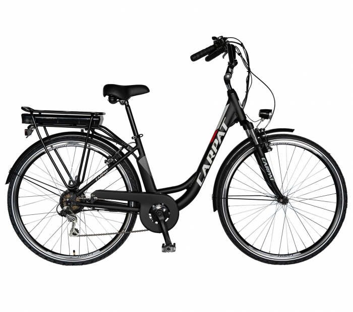 Bicicleta electrica City (E-BIKE) CARPAT C1010E, roata 28", cadru aluminiu, frane V-Brake, transmisie SHIMANO 7 viteze, culoare negru/alb [1]
