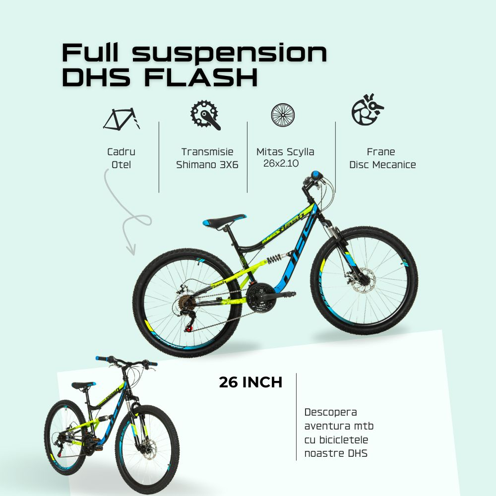 Bicicleta Full suspension DHS Flash - 26 Inch, Negru [4]