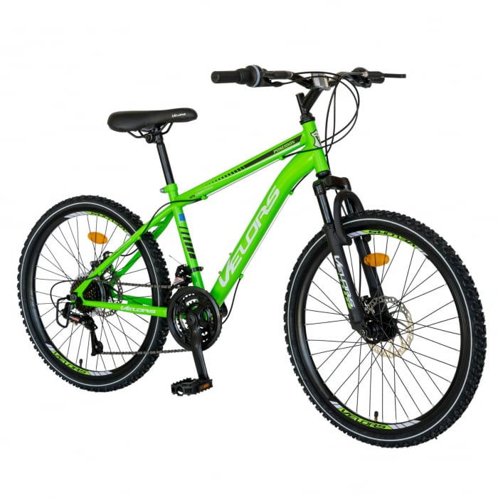 Bicicleta MTB-HT, Saiguan Revoshift 18 Viteze, Roti 24 Inch, Frane Disc, Velors Poseidon CSV24/09A, Verde cu Design Alb/Negru [2]