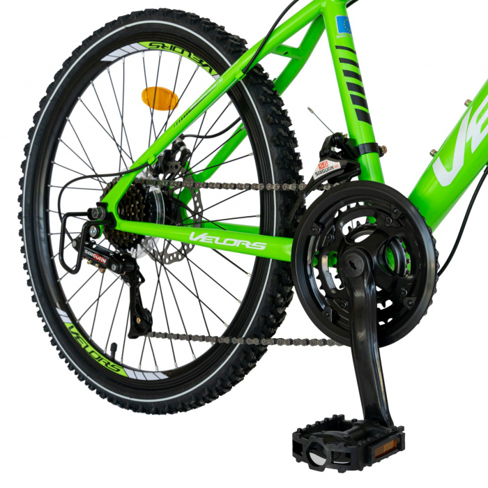 Bicicleta MTB-HT, Saiguan Revoshift 18 Viteze, Roti 24 Inch, Frane Disc, Velors Poseidon CSV24/09A, Verde cu Design Alb/Negru [6]