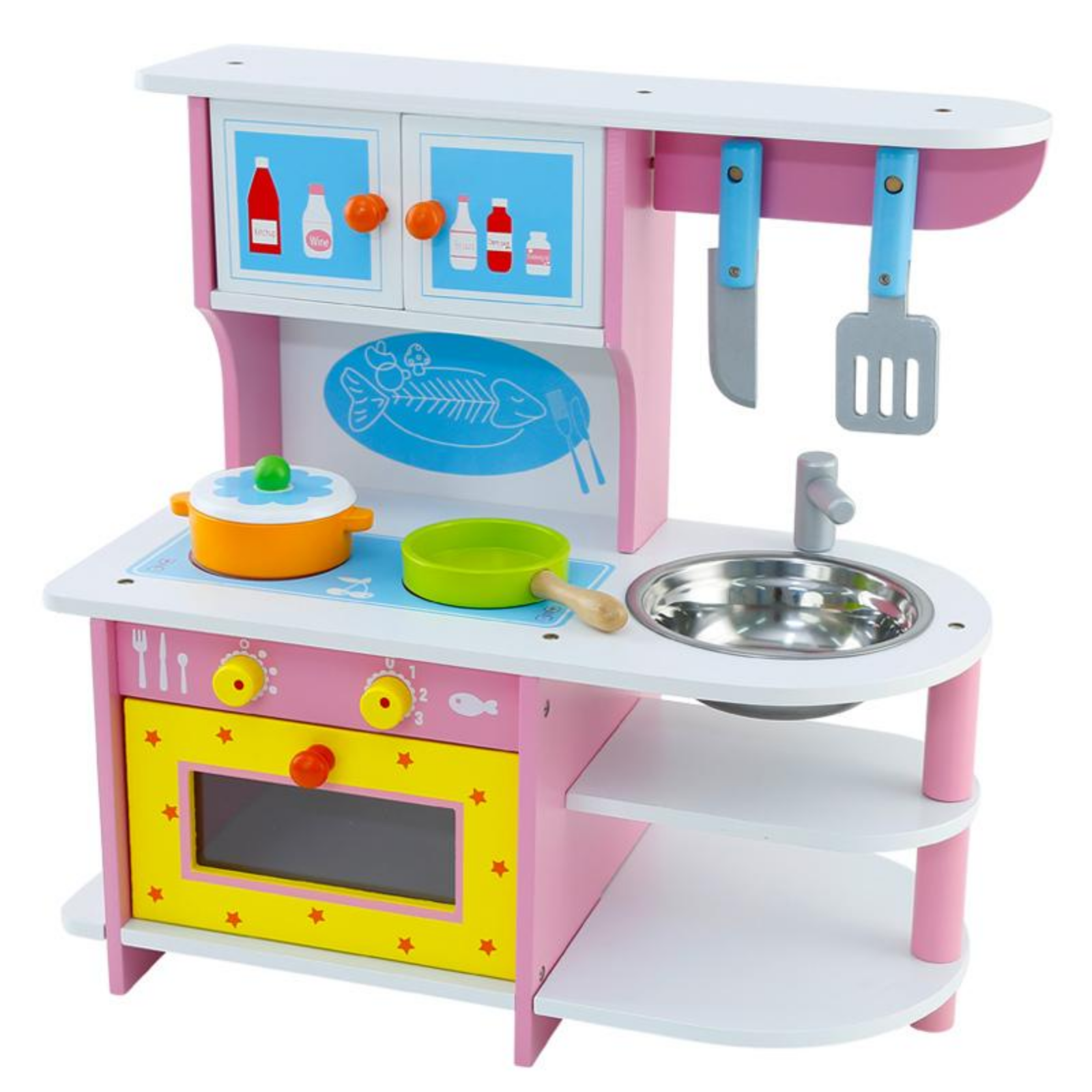 Bucatarie din lemn pentru copii, roz cu cuptor, aragaz, chiuveta si ustensile [1]