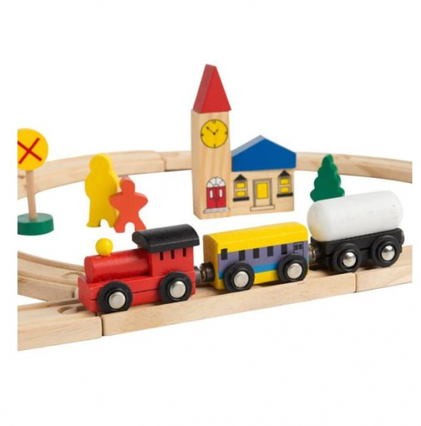 Circuit trenuleț din lemn Glyph Track cu vagoane cu magnet, semne circulație, clădiri, Play Time, 48 piese, + 3 ani [2]