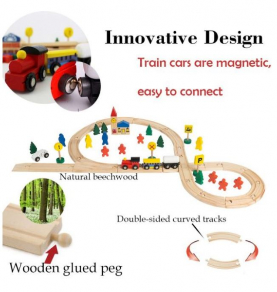 Circuit trenuleț din lemn Glyph Track cu vagoane cu magnet, semne circulație, clădiri, Play Time, 48 piese, + 3 ani [3]