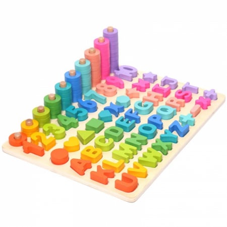 Joc din lemn Montessori cu 6 activități - puzzle cifre, litere, forme geometrice, operații matematice și sortare culori. [0]