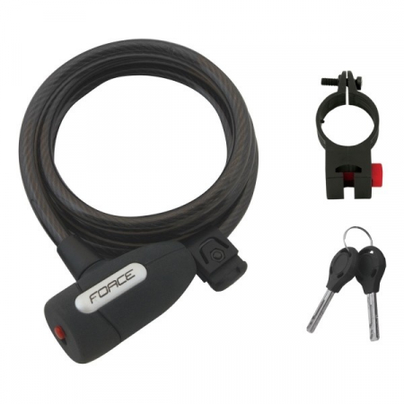 Antifurt bicicleta cu cablu din otel - Antifurt bicicleta Force Lux spirala 150cm/10mm cu suport negru