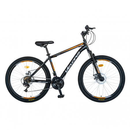 Bicicleta MTB-HT, Schimbator Saiguan, 18 Viteze, Roti 26 Inch, Frane pe Disc, Velors Vulcano CSV26/09A, Negru cu Design Portocaliu [0]