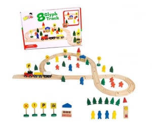 Lichidari de stoc jucarii - Circuit trenuleț din lemn Glyph Track cu vagoane cu magnet, semne circulație, clădiri, Play Time, 48 piese, + 3 ani