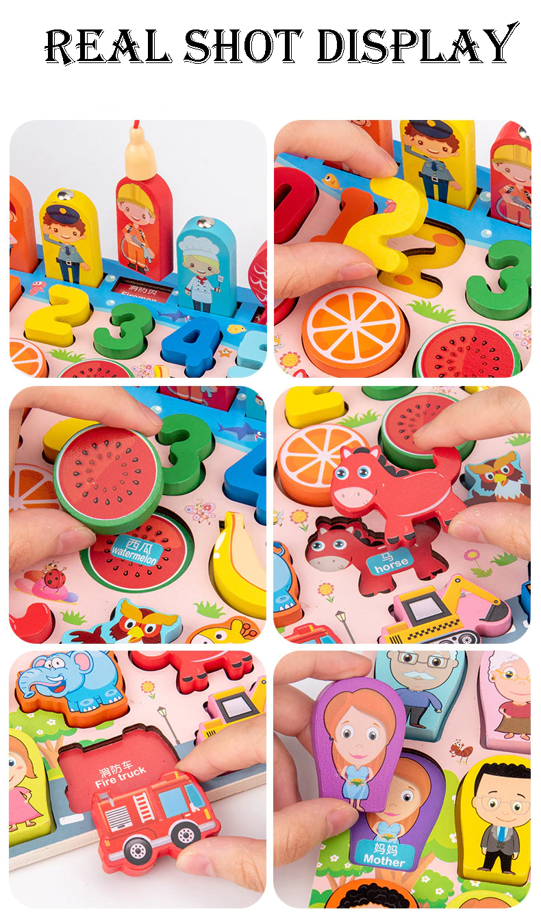 Joc din Lemn Educational Montessori 5 in 1 Puzzle Incastru Joc de pescuit, Fructe, Animale, Cifre, Vehicule [4]