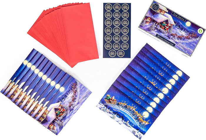 20 felicitări Crăciun Deluxe Tom Smith 2022 - Scenă tradițională din sania lui Moș Crăciun - plicuri și autocolante cu sigiliu - Cutie de carduri cu 20 de felicitări [3]