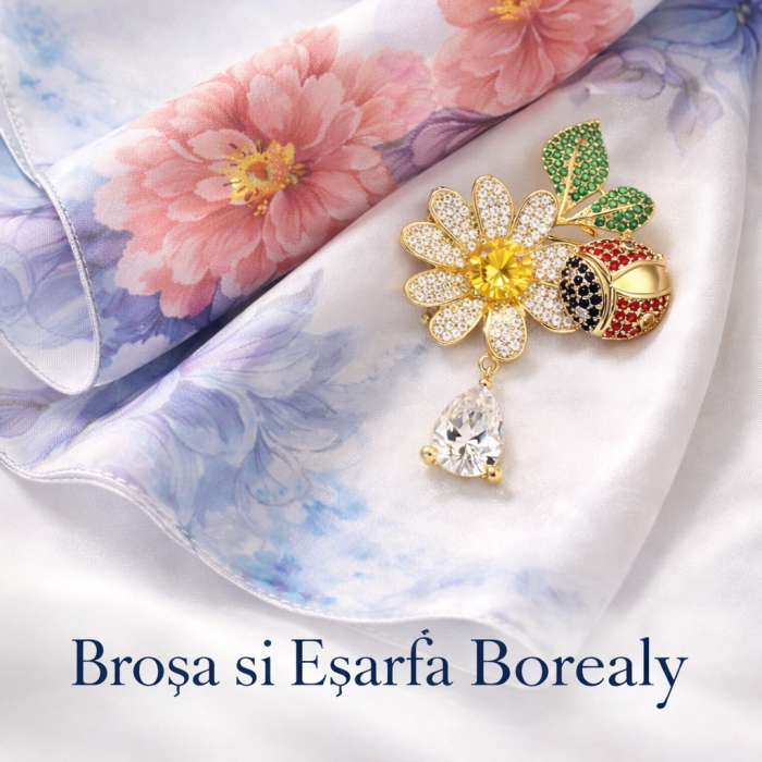 Broșă elegantă Floare si Buburuză & Cadou Esarfa Matase & Mini Gentuta – Cadou special pentru femei de 8 Martie [3]