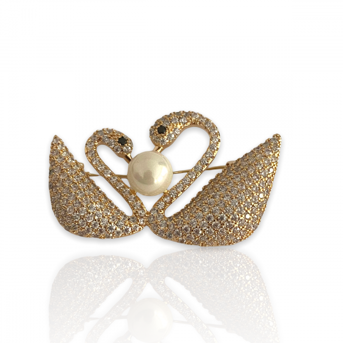 Broşă Two Gold Swans & Cadou Esarfa Matase [4]