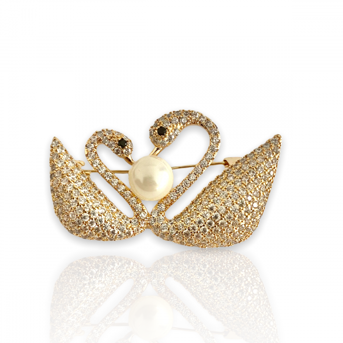 Broşă Two Gold Swans & Cadou Esarfa Matase [2]