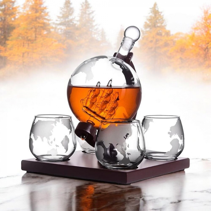 Cadou Luxury Decantor cu Patru Pahare Glob World & Suport Lemn Kitchen [2]