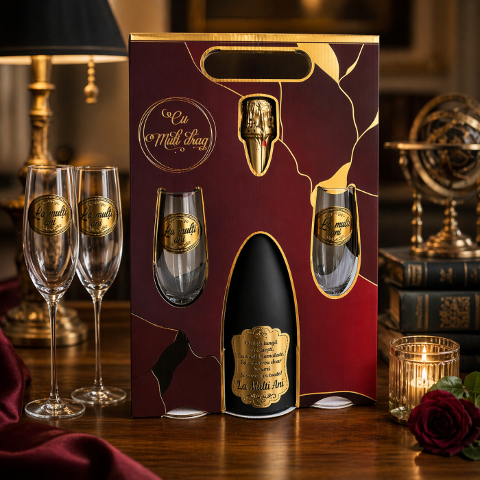 Șampanie + 2 Pahare Personalizate „La Mulți Ani” [3]