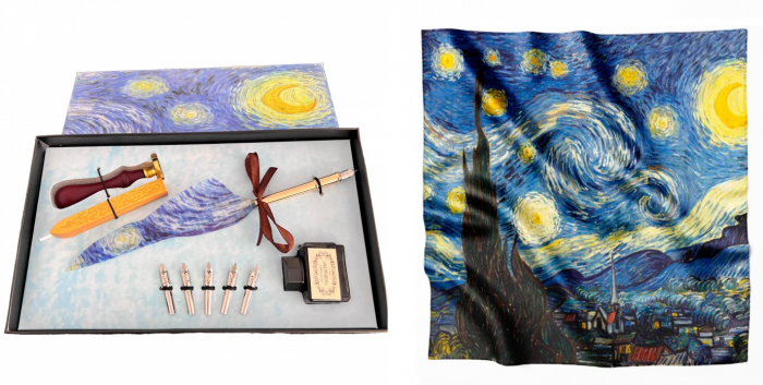 Set Caligrafie cu imprimeu Van Gogh pe cutie si pana + esarfa matase picturi [3]