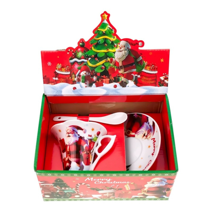 Cana cu farfurie si lingurita, cu model de Craciun, din ceramica [4]