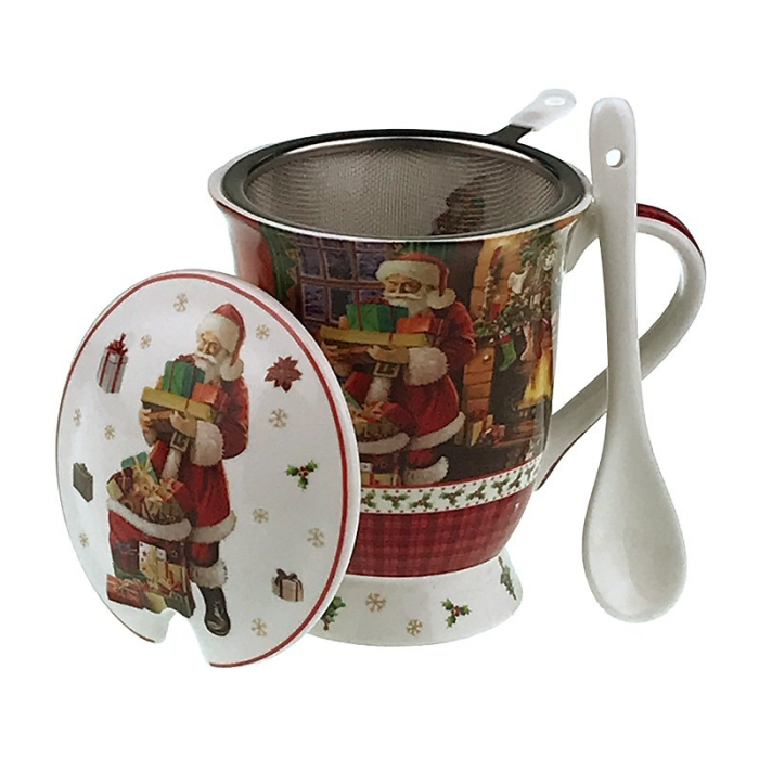 Cana cu imagini de Craciun, din ceramica cu infuzor pentru ceai, lingurita si capac [1]