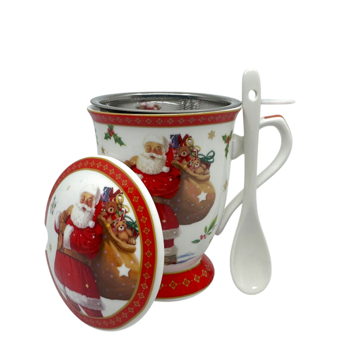 Cana cu imagini de Craciun, din ceramica cu infuzor pentru ceai, lingurita si capac [1]