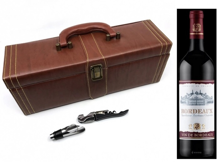 Cutie Vin Brown Treasure Chest cu 3 Accesorii & Vin Bordeaux Sec Rosu 0,75 ml [1]