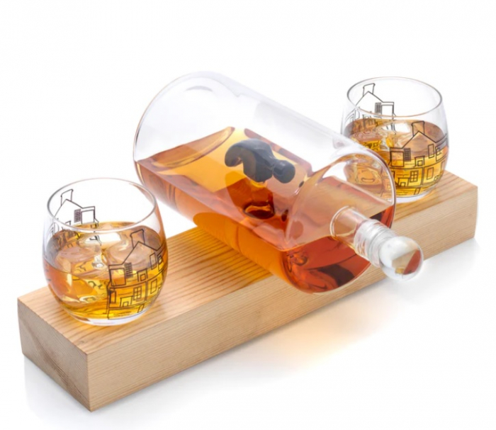 Decantor Sticla cu Ciocan in Interior + 2 Pahare & Suport Lemn Kitchen [3]