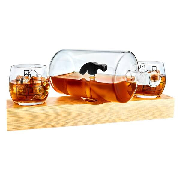 Decantor Sticla cu Ciocan in Interior + 2 Pahare & Suport Lemn Kitchen [2]