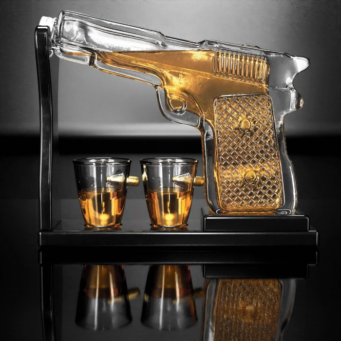 Decantor Pistol cu Doua Pahare cu Glont & Suport Lemn Kitchen [2]
