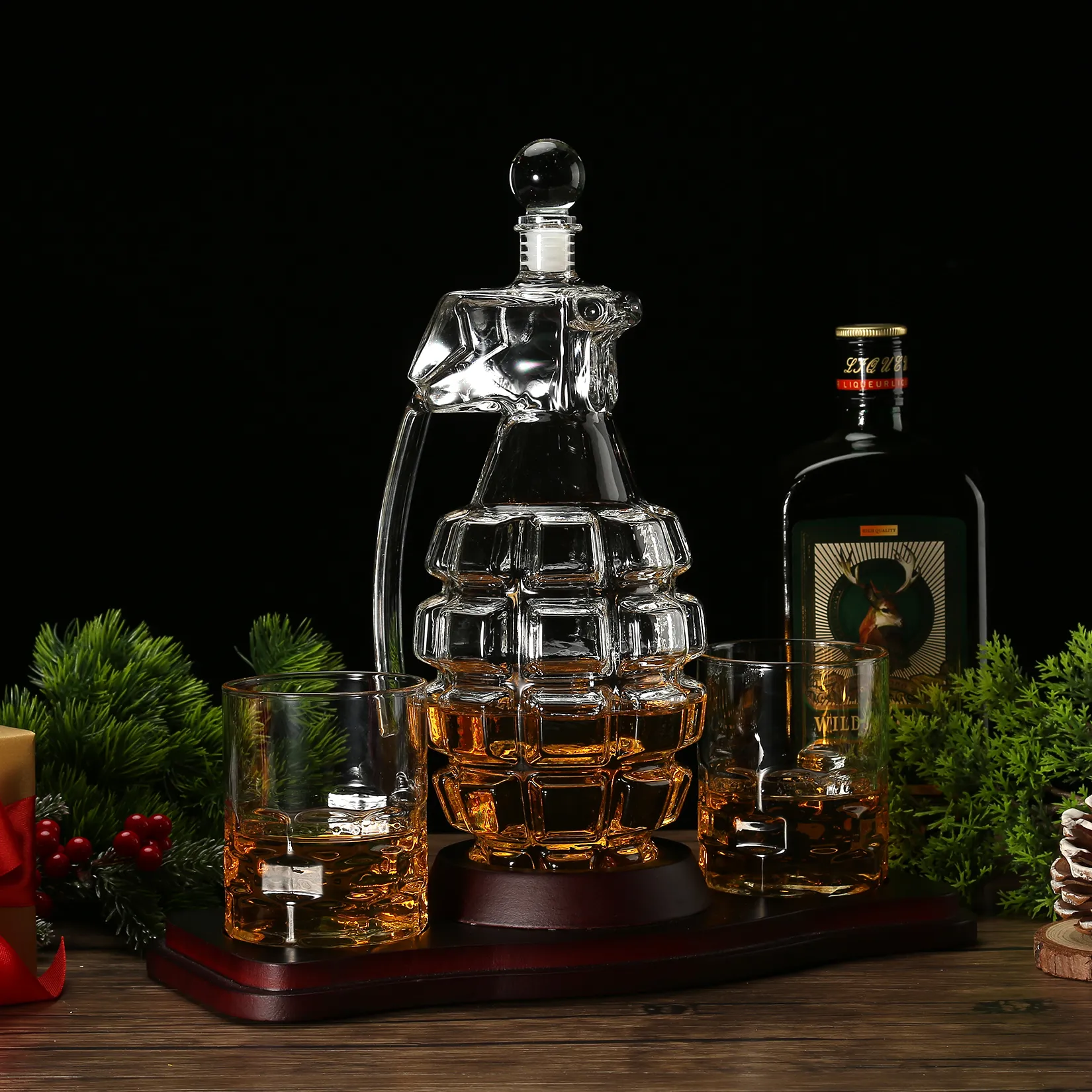 Decantor Grenada + 2 Pahare fara model & Suport Lemn [3]