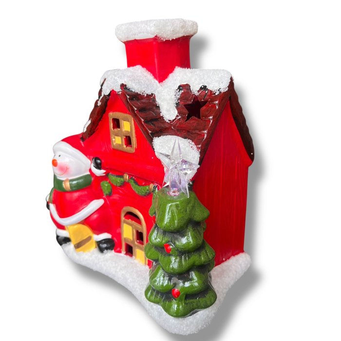 Decorațiune de Crăciun din Ceramică – Căsuță Roșie cu Moș Crăciun Om de zapada și Brad Împodobit [3]
