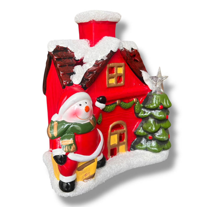 Decorațiune de Crăciun din Ceramică – Căsuță Roșie cu Moș Crăciun Om de zapada și Brad Împodobit [4]