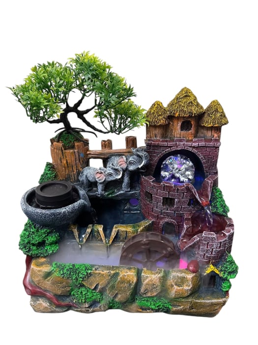 Fântână Feng Shui Elefanți & Castel Medieval cu LED și Abur [1]