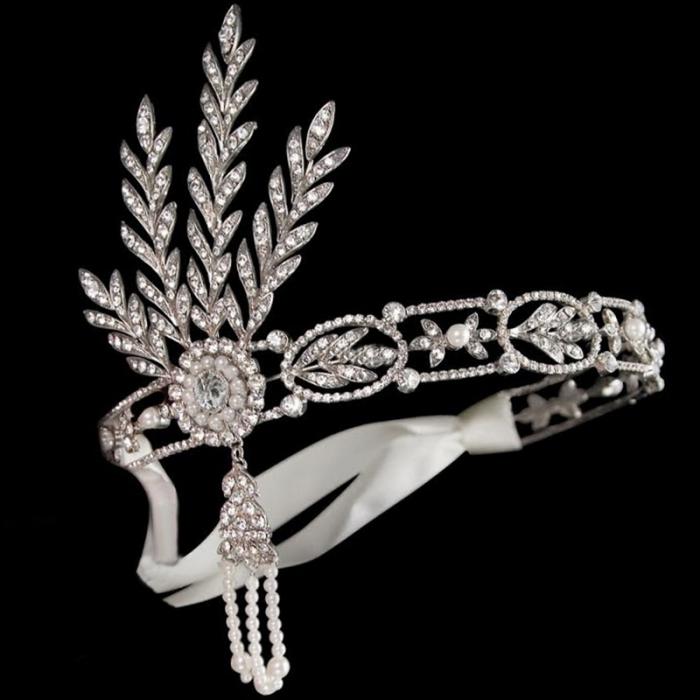 Tiara Borealy Pearls Silk Great Gatsby Luxury Headband [3]