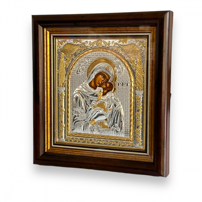 Icoana Fecioara Maria cu pruncul Iisus placata cu argint & Geam - Made in Grecia - 17 cm x 15,5 cm [4]