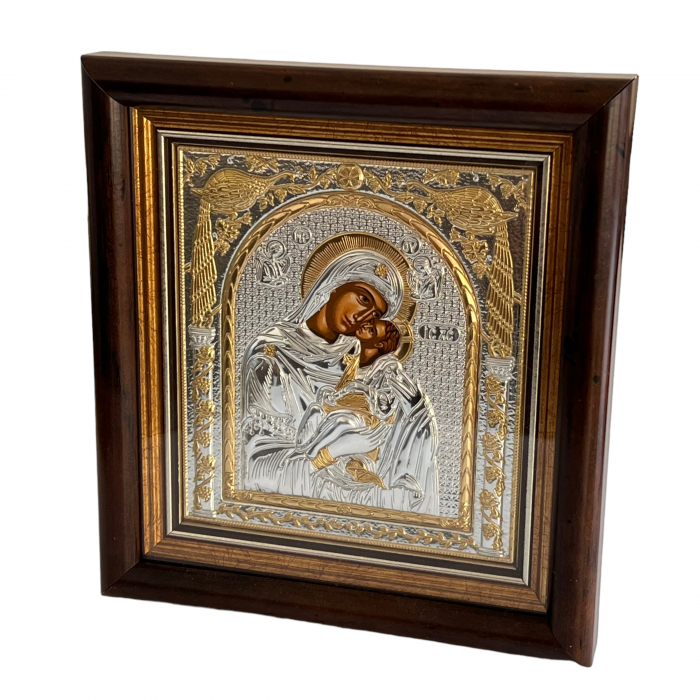 Icoana Fecioara Maria cu pruncul Iisus placata cu argint & Geam - Made in Grecia - 17 cm x 15,5 cm [3]