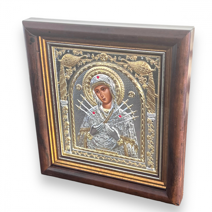 Icoana Fecioara Maria 7 Sageti placata cu argint & Geam - Made in Grecia - 17 cm x 15,5 cm [2]