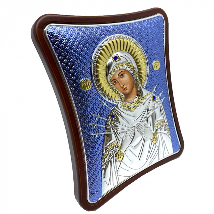 Icoana Fecioara Maria Blue cu 7 Sageti placata cu argint - Made in Grecia - 12,5 x 15,5 cm [2]