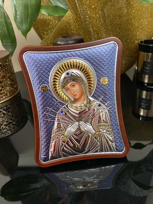 Icoana Fecioara Maria Blue cu 7 Sageti placata cu argint - Made in Grecia - 12,5 x 15,5 cm [3]