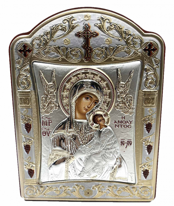 Icoana Fecioara Maria cu Pruncul  si Ingeri placata cu aur si argint - 12 x 15 cm [1]