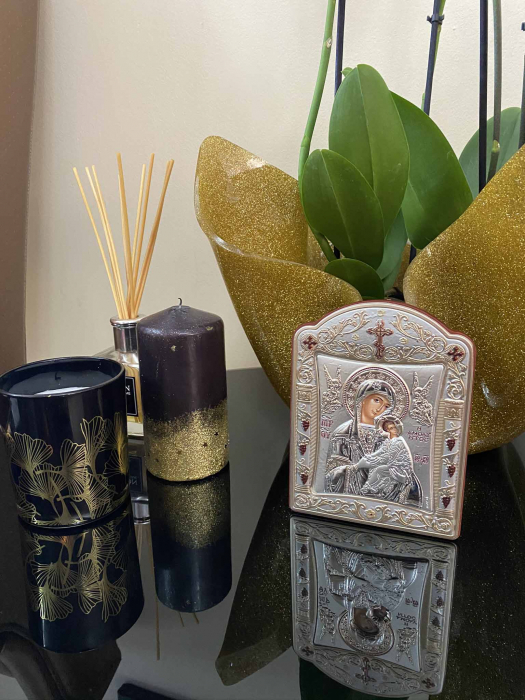 Icoana Fecioara Maria cu Pruncul  si Ingeri placata cu aur si argint - 12 x 15 cm [3]