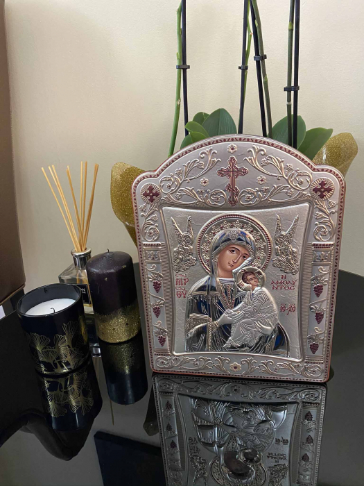 Icoana Fecioara Maria cu Pruncul  si Ingeri placata cu aur si argint - 21 x 26 cm [3]