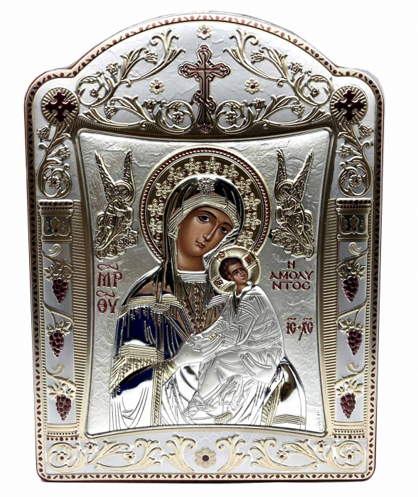 Icoana Fecioara Maria cu Pruncul  si Ingeri placata cu aur si argint -16 x 20 cm [3]