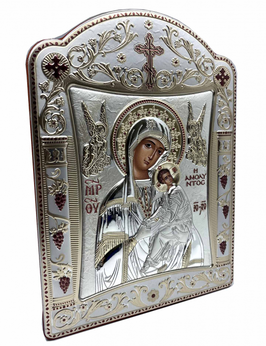 Icoana Fecioara Maria cu Pruncul  si Ingeri placata cu aur si argint - 21 x 26 cm [2]