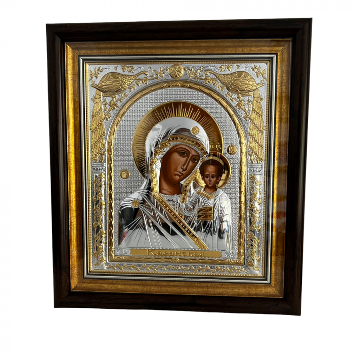 Icoana Mare Fecioara Maria cu Pruncul placata cu argint si aur - Made in Grecia 31 x 29 cm [3]