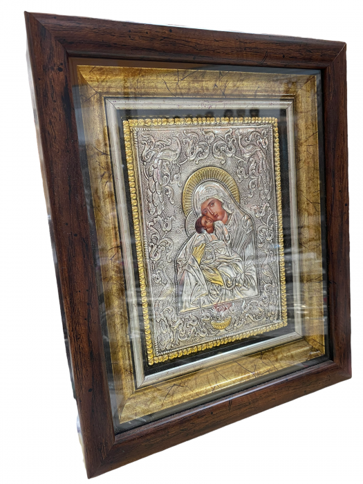 Icoana Mare Fecioara Maria cu Pruncul placata cu argint si aur - Made in Grecia 27 cm x 32 cm [2]