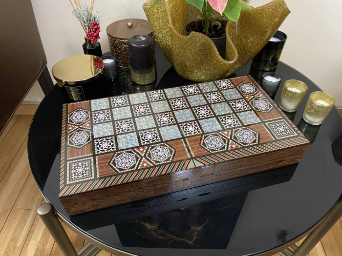 Joc de SAH si TABLE model sidef, piese sah din metal AURII/ARGINTII sculptate manual, calitate premium [12]