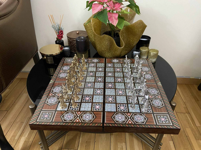 Joc de SAH si TABLE model sidef, piese sah din metal AURII/ARGINTII sculptate manual, calitate premium [14]