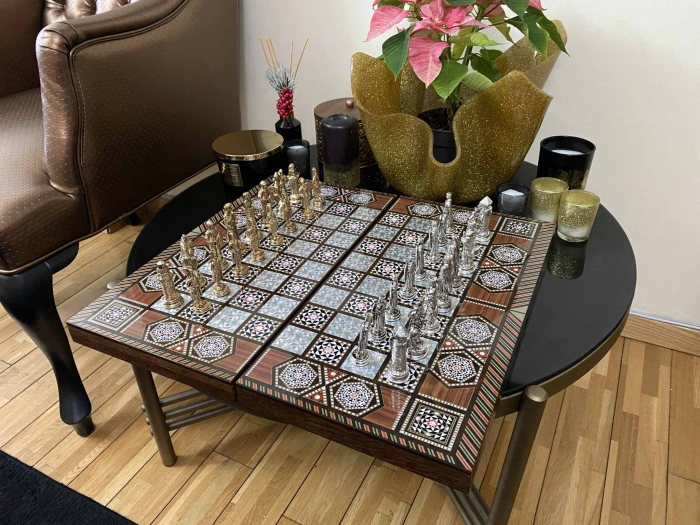 Joc de SAH si TABLE model sidef, piese sah din metal AURII/ARGINTII sculptate manual, calitate premium [15]